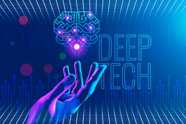 Hologram of a hand with a brain above it and 'Deep tech' written next to it.