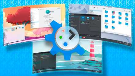 KDE Plasma logo in the center with some Linux distro interfaces in the background.