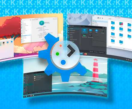 KDE Plasma logo in the center with some Linux distro interfaces in the background.