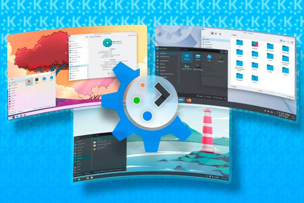 KDE Plasma logo in the center with some Linux distro interfaces in the background.