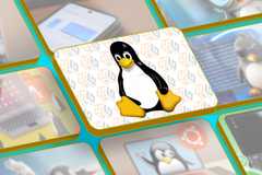 Linux mascot at the center of the screen with some featured images of articles beside it.