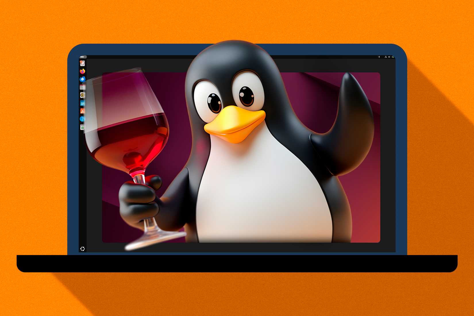 Mascote do Linux na tela de um laptop segurando uma taça de vinho.