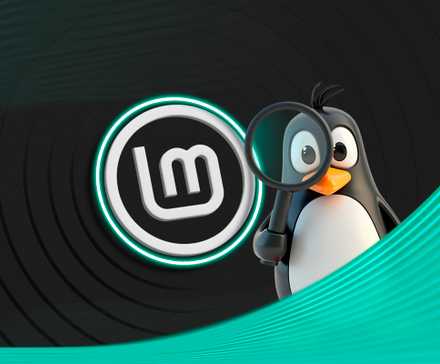 Linux Mint logo and the Linux mascot with a magnifying glass beside it.