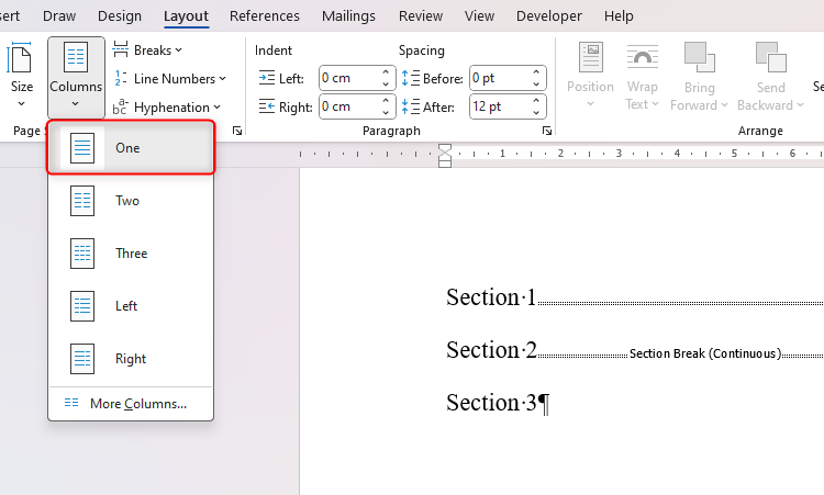 Word Column Assignment How to Use Columns in One Section of a Word Document
