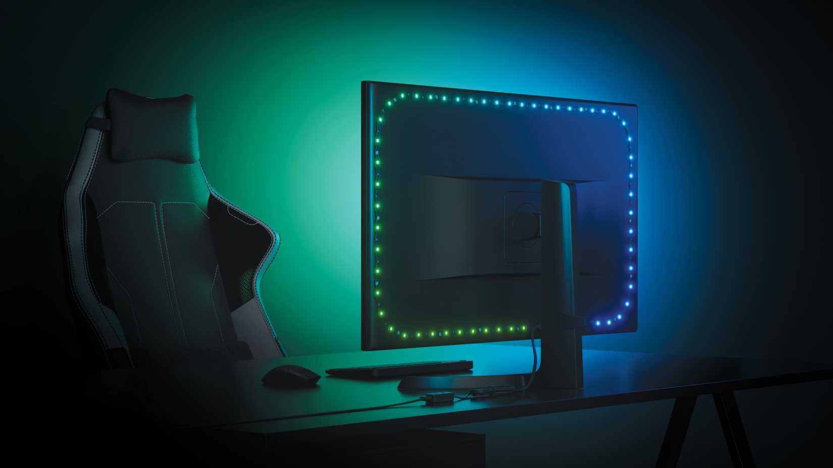 Um monitor exibindo a iluminação polarizada do Nanoleaf fixada na parte traseira.