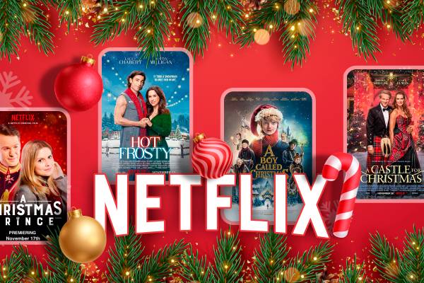 Netflix logo, some movies in the background, and Christmas decorations around.