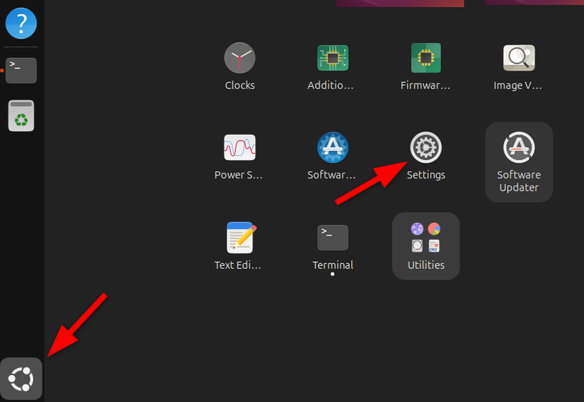 Opening 'Settings' menu from Applications menu.