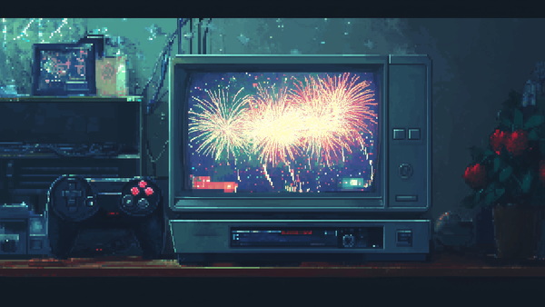 Pixel art of a video game system with new year's fireworks on the screen.