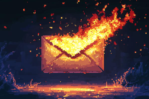 Pixel art of an email on fire