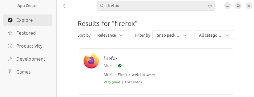 Searching and installing 'Firefox' browser in Ubuntu App Center.