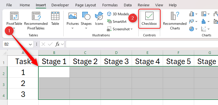 Some cells selected in Excel, and the Checkbox icon in the Insert tab highlighted.