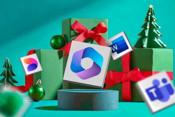 Some gifts and Christmas decorations with the Microsoft 365 logo and a some of its app logos around it.