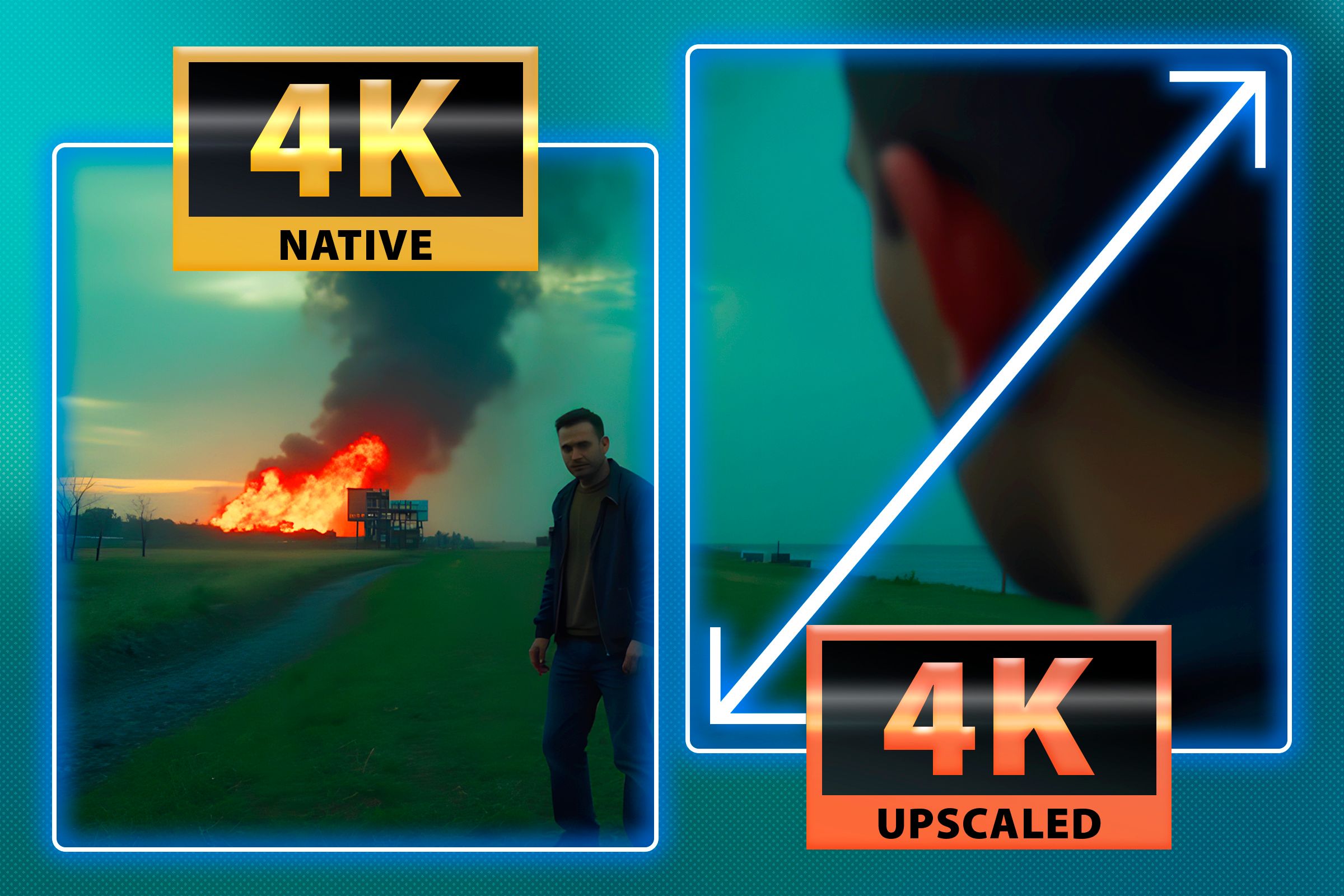 Split screen with a native 4K scene on the left and an upscaled 4K scene on the right.