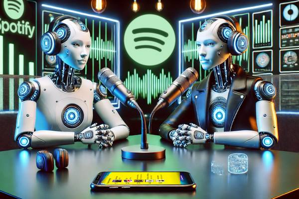 Two robot podcast hosts talking about Spotify.