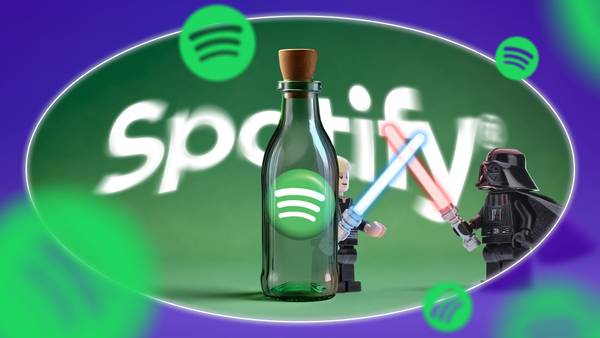 A bottle with the Spotify logo inside, a miniature of Luke Skywalker fighting Darth Vader with lightsabers, and 'Spotify' written in the background with a psychic effect.