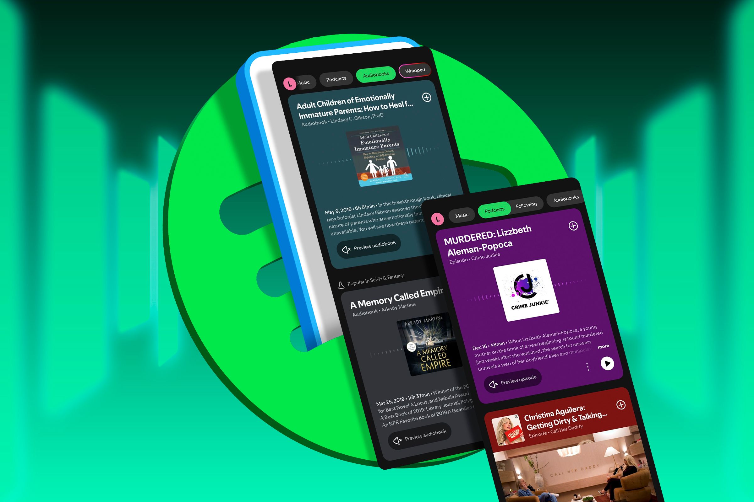 Логотип Spotify и скриншоты приложения.