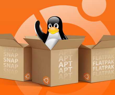 The Linux mascot inside a box, two boxes beside it, and the Ubuntu logo in the background.