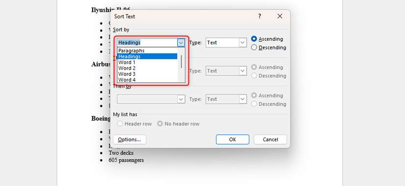 The Sort Text dialog box in Microsoft Word, with Headings selected in the Sort By drop-down box.