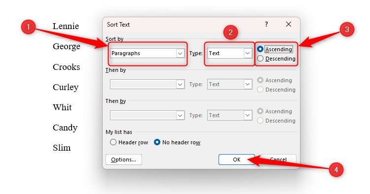 The Sort Text dialog box in Microsoft Word, with the Sort By, Type, and Order options selected, and the OK button highlighted.
