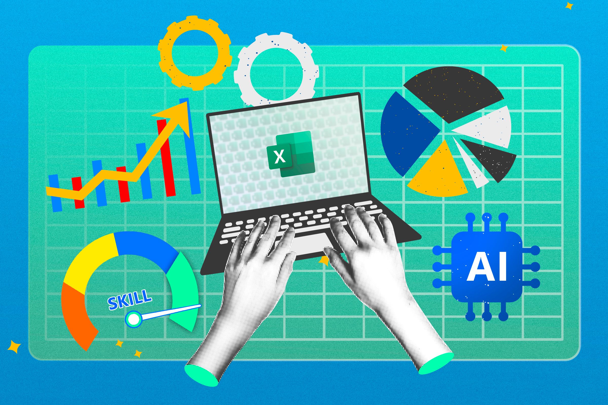 Дві руки користуються ноутбуком із логотипом Excel на екрані та кількома значками та діаграмами навколо нього.
