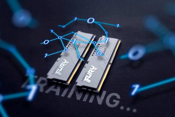 Two RAM sticks with some binary code connected to each other.