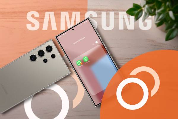 Two Samsung phones on a wooden surface with the Dual Messenger icon beside them.