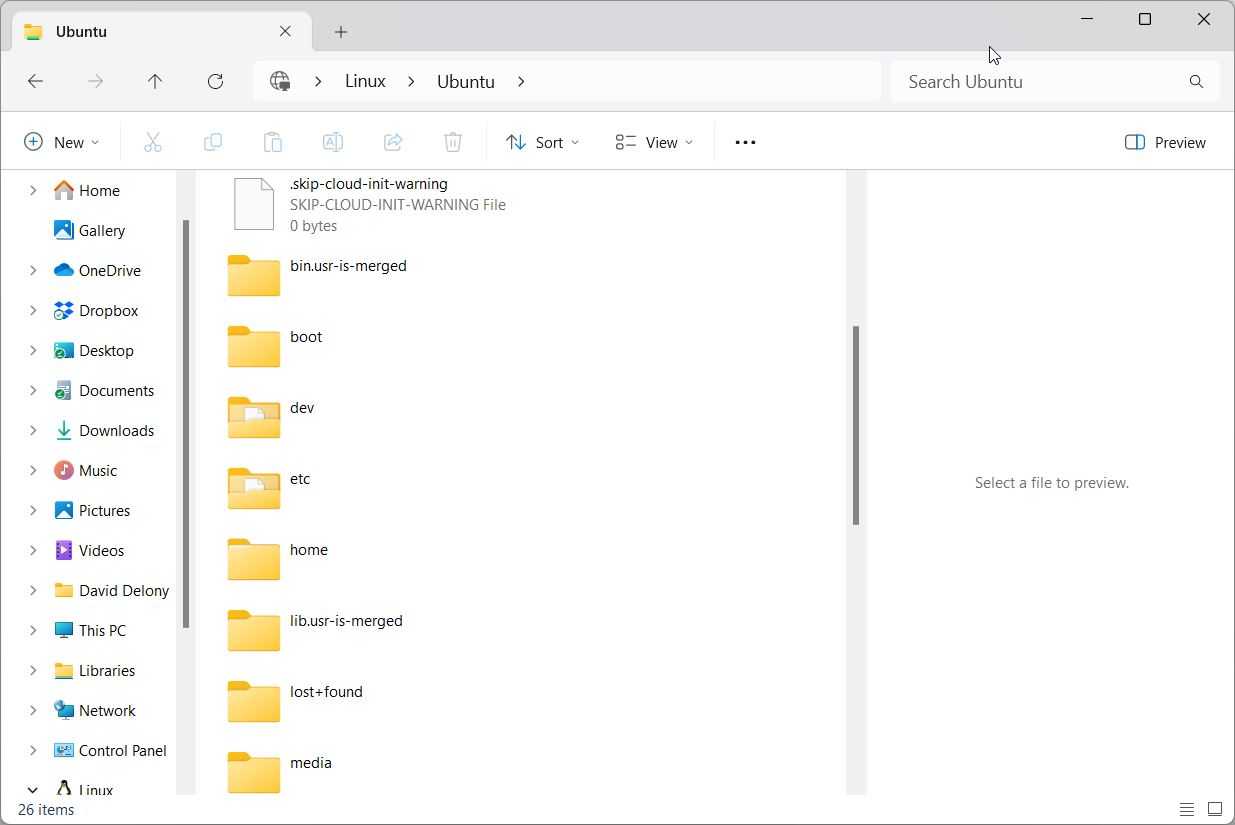 The Ubuntu WSL root directory in Windows Explorer is open.