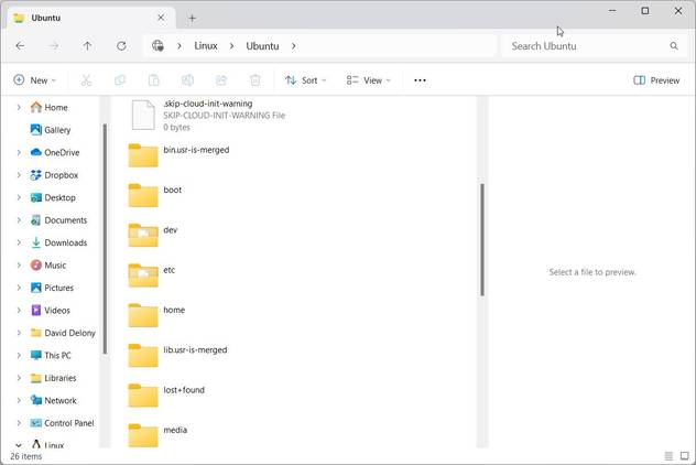 The Ubuntu WSL root directory in Windows Explorer is open.