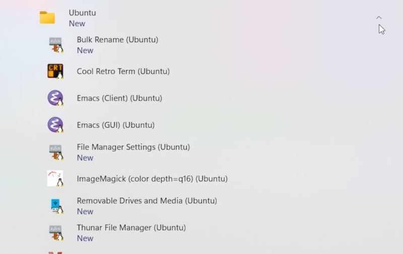 The Ubuntu WSL GUI in Windows 11 Start menu.
