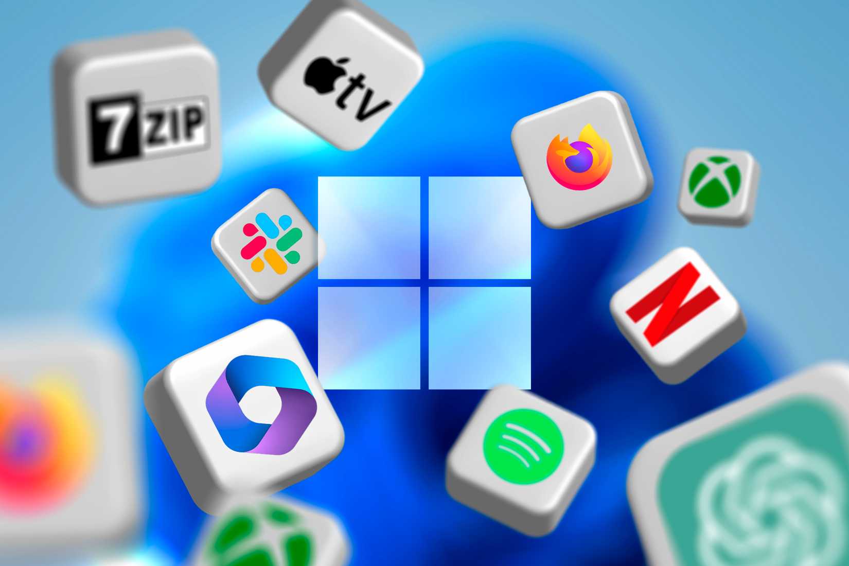 Logo Windows 11 avec plusieurs applications autour.