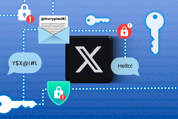 X logo with message and encryption icons around it.