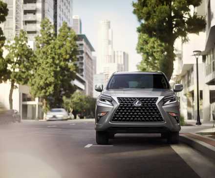 A silver Lexus GX 460 parked on a street alongside a sidewalk in a city.