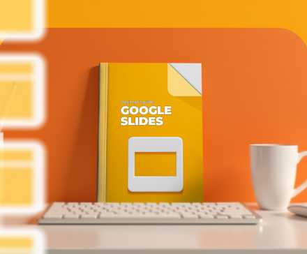 A desk with a keyboard, mouse, a cup, and a book with the Google Slides logo at the center.