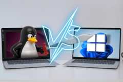 A Linux laptop with the Linux mascot holding a sword, a Windows laptop next to it, and a 'vs' in the center.