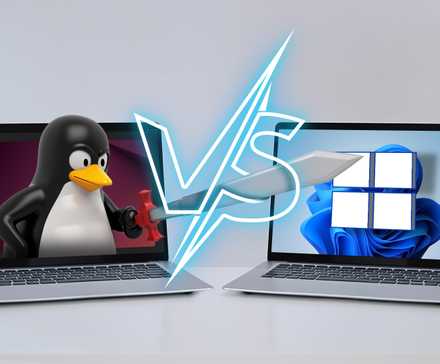 Microsoft’s AI Dream: A User’s Nightmare in an "Agentic OS" 2 A Linux laptop with the Linux mascot holding a sword, a Windows laptop next to it, and a 'vs' in the center.