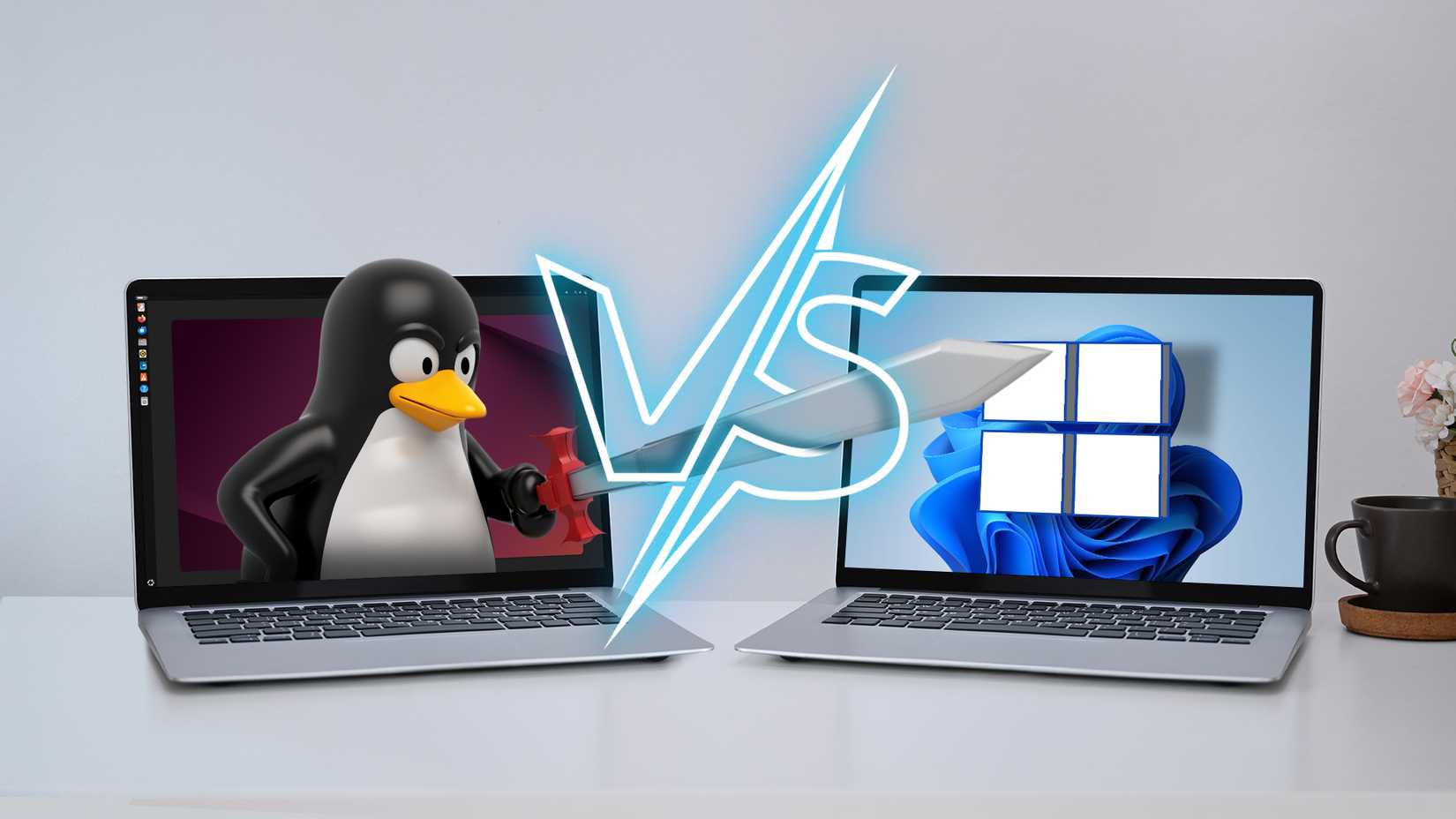 Ноутбук с Linux, Tux с мечом, рядом — ноутбук с Windows и надпись «vs» по центру