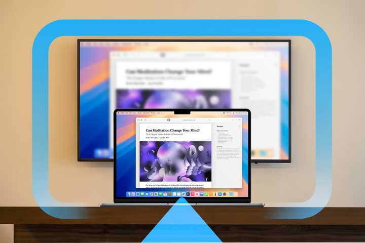 A MacBook with the screen mirrored on a TV and the AirPlay logo in the center.
