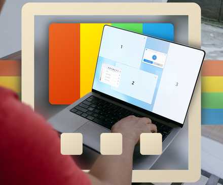 A man using a laptop with the FancyZones feature highlighted and the PowerToys logo in the background.