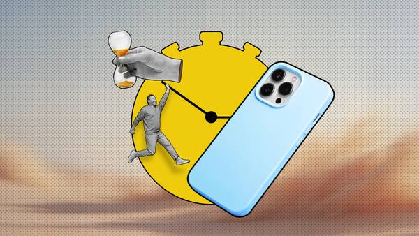 A phone with a case, a hand holding an hourglass, and a clock in the background with a man hanging from the clock's hand.