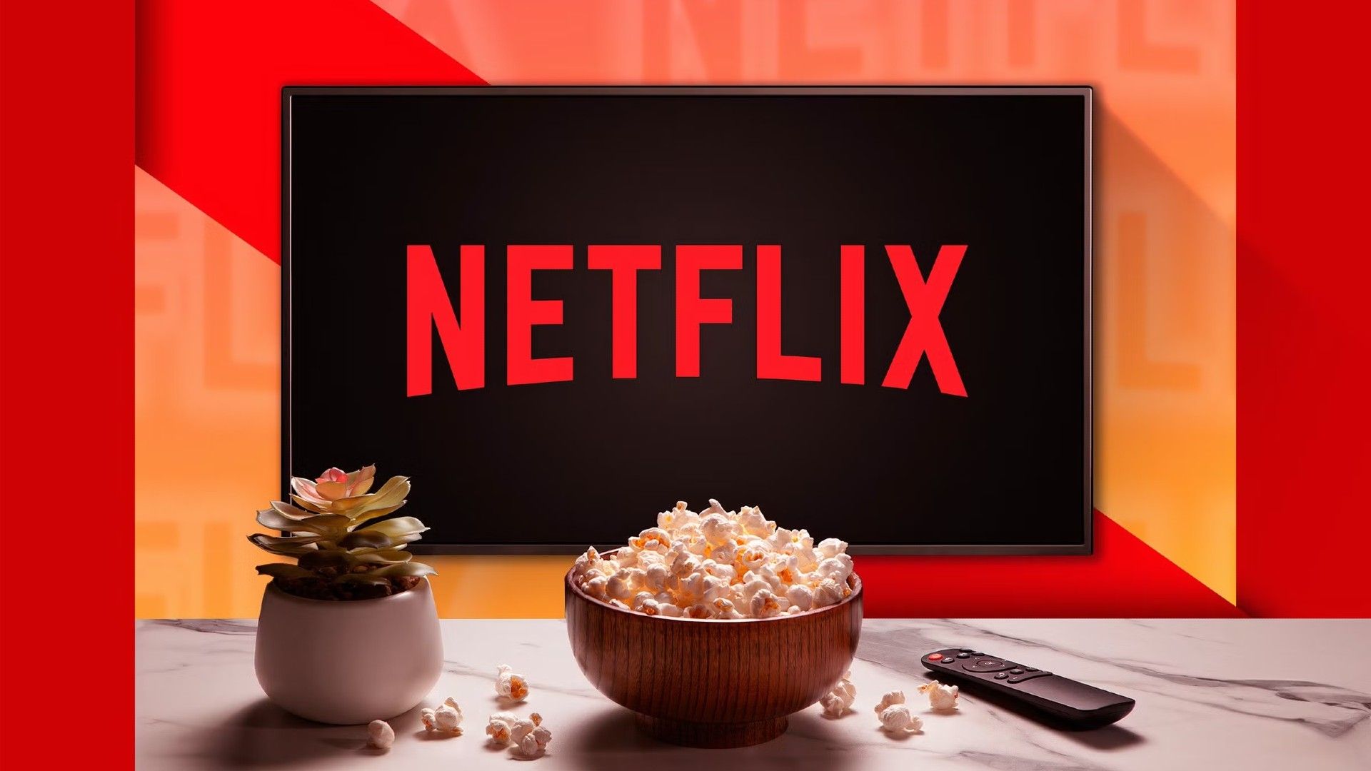 A television with the Netflix logo with a plant, a bowl of popcorn and a remote control on a table.
