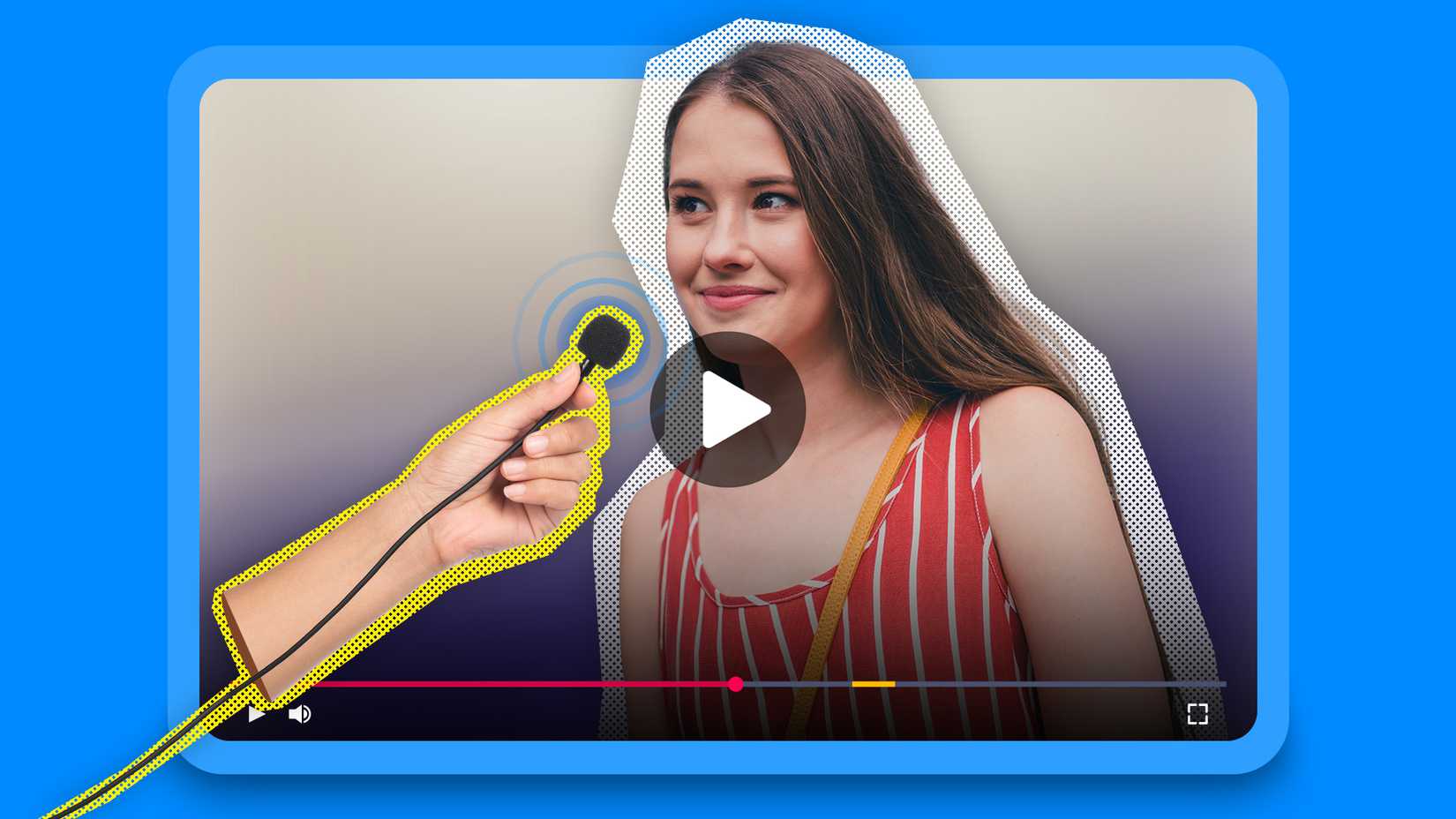 Um player de vídeo mostrando uma mão segurando um microfone para uma mulher que está sendo entrevistada.