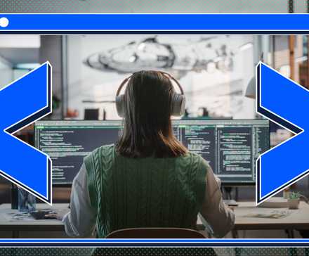 A woman coding on her computer with less-than and greater-than symbols around her.