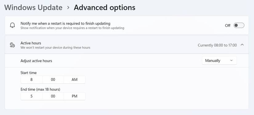 Configurações de horas ativas no aplicativo de configurações do Windows.
