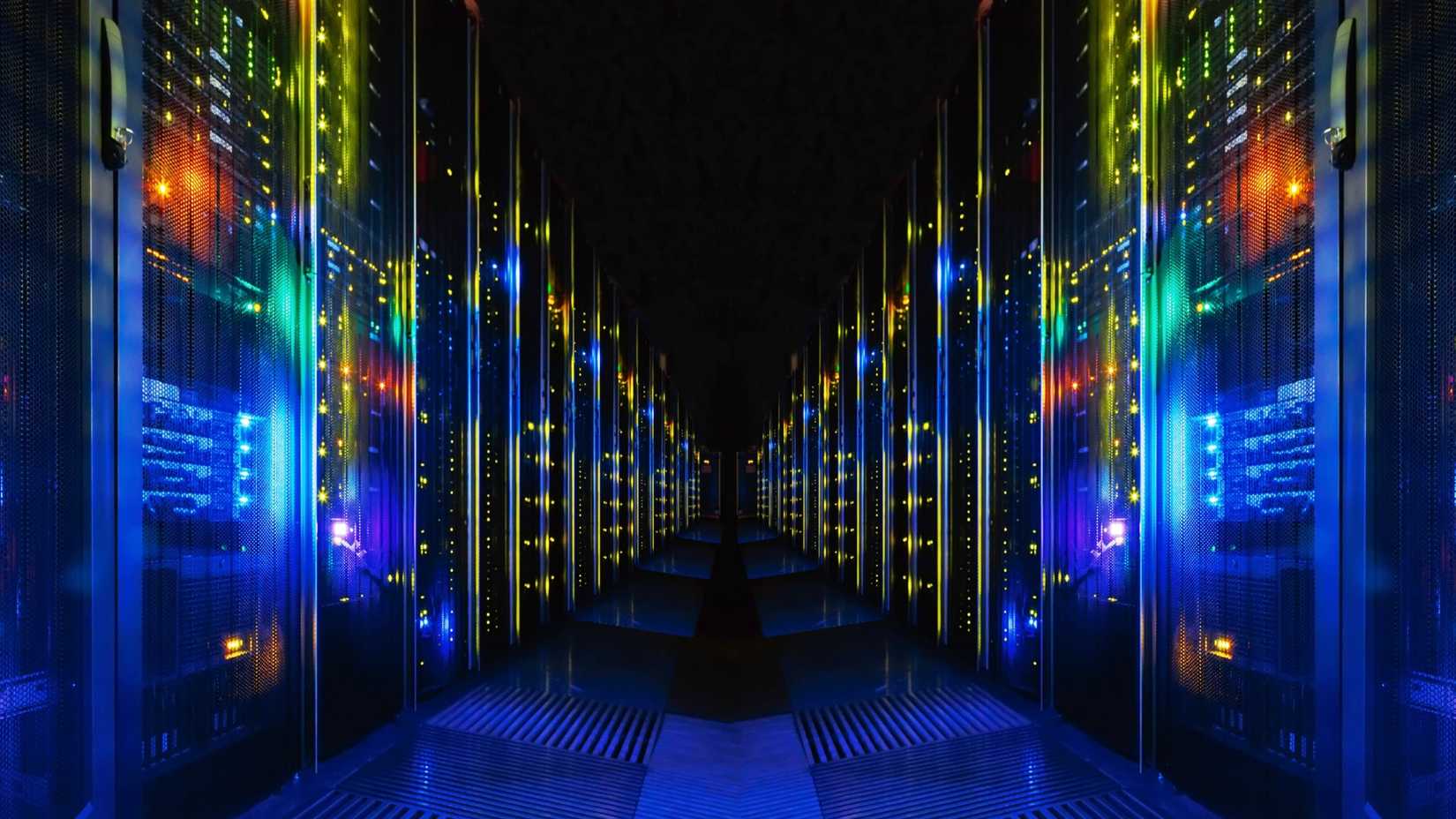 An artistic rendering of computer racks representing high-performance computing.