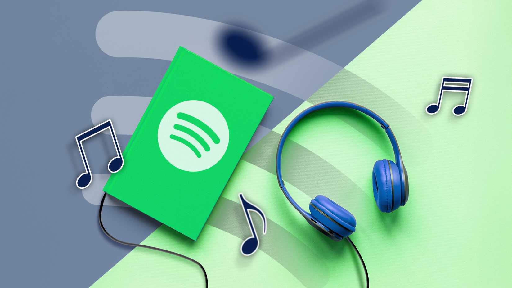 A book with the Spotify logo next to a headphone and some music symbols around it.