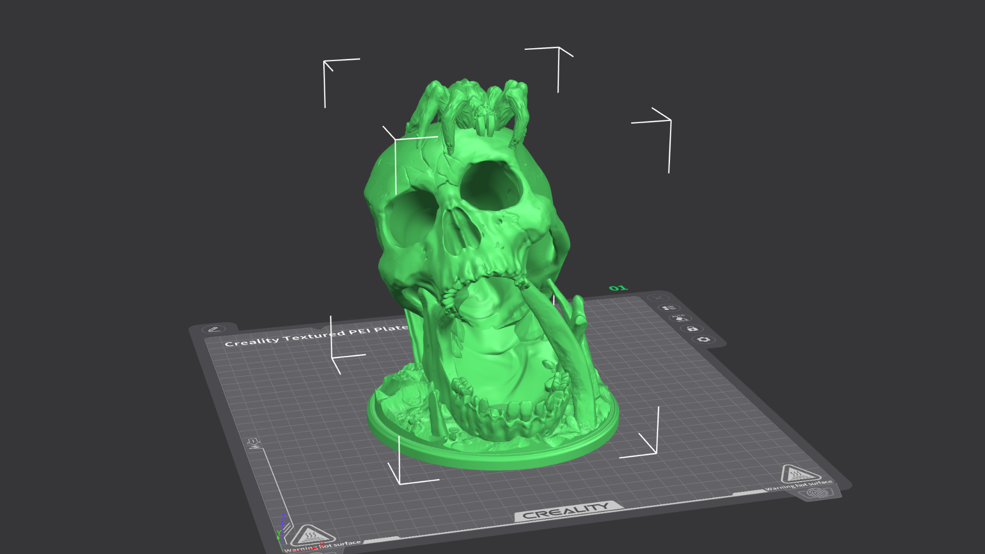 A dice tower skull model preview in 3D printing software.