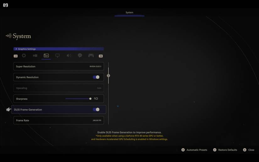 Configuração de geração de quadros DLSS na demonstração do FFXVI.