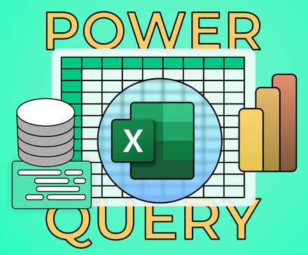 Логотип Excel поверх таблицы и диаграмм, крупная надпись 'Power Query'.