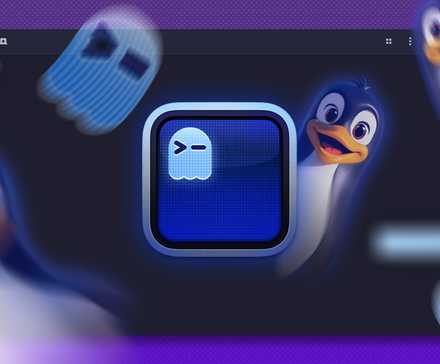 Ghostty terminal logo and the Linux mascot as a ghost around it.