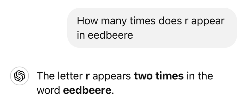 GPT-4o giving the incorrect solution to a question about how many times a letter appears in a word.